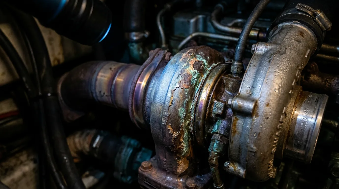 Close view of a marine diesel turbocharger and exhaust housing showing heat discoloration